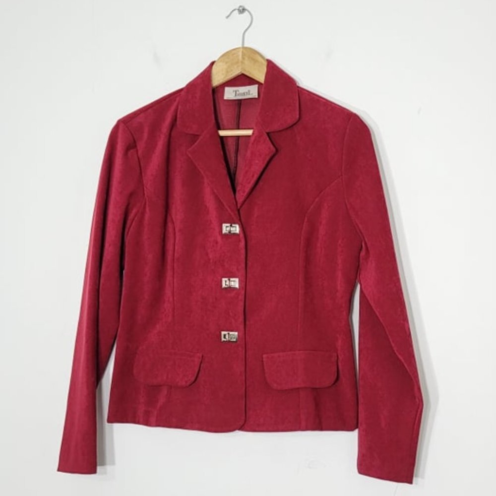 Tobi Red Faux Suede Three Button Lock Long Sleeve Business Woman Classic Blazer